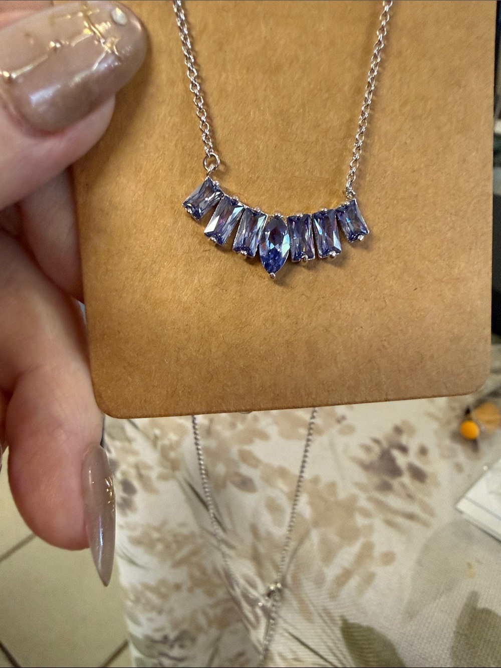 Sterling Silver Necklace with Blue Crystal Marquise Stones